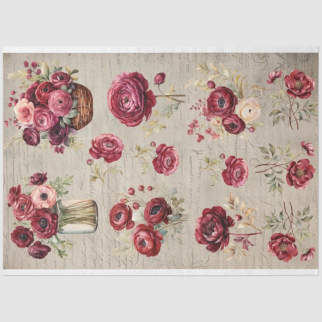 Vintage burgundy Flores Ranunculus papel antigo (Frente )