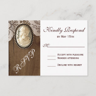 Vintage Cameo Brooch Lace Wood Casamento RSVP Card