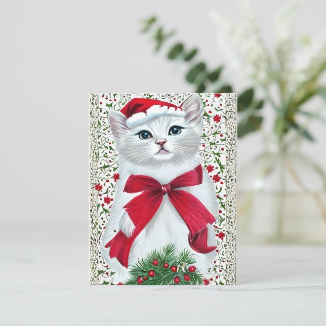 Vintage Cat Kitten Cartão de Natal (Em pé/Frente)