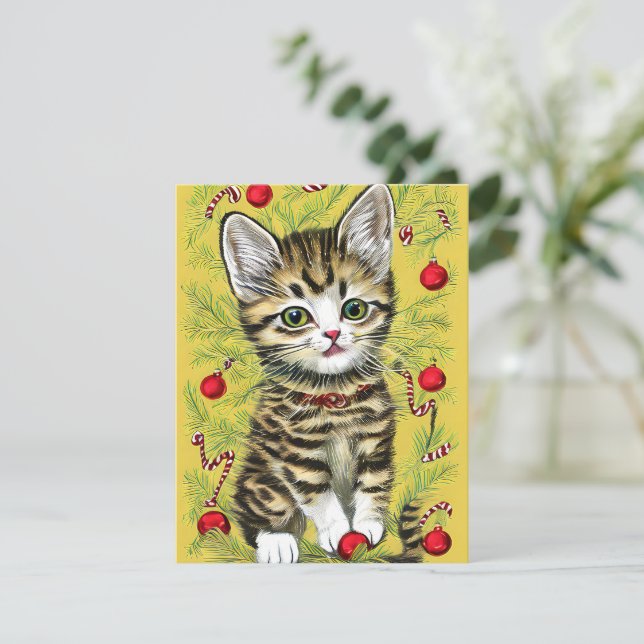 Vintage Cat Kitten Cartão de Natal (Em pé/Frente)