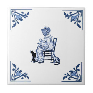 Vintage Cat Lady Delft Corner Blue e White