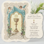 Vintage Católico Primeiro Convite Comunitário Sagr<br><div class="desc">Celebrar o Sacramento da Primeira Comunhão é uma ocasião maravilhosa. Este tradicional vintage católico desenhado por costumes Primeiro Convite à Santa Comunhão,  o Santo Eucarista e os Anjos,  em adoração,  com um lugar de design. Todo texto e fontes podem ser modificados facilmente.</div>