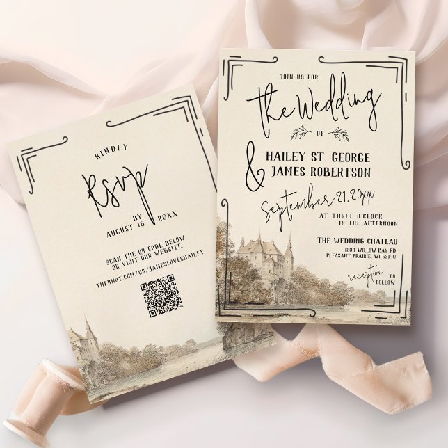 Vintage Chateau Convite De Casamento Desengravidad (Elegant classic watercolor French chateau black and ivory hand drawn QR code rsvp wedding invitation)