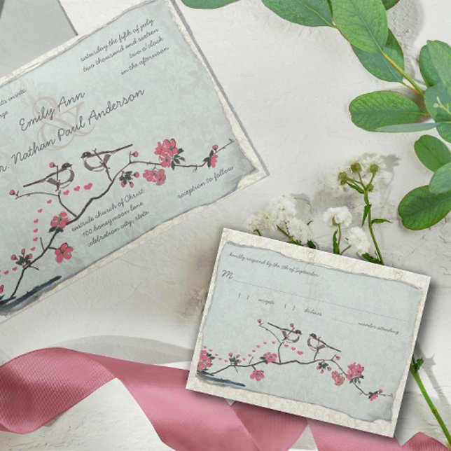 Vintage Cherry Blossoms & Chickadee Damask RSVP (Criador carregado)
