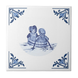 Vintage Children in Row Boat Delft Blue & White
