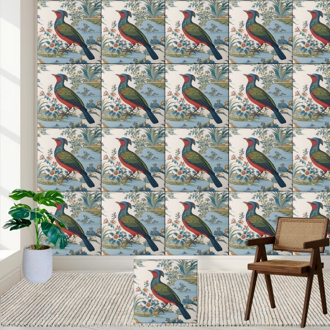 Vintage Chinoiserie Bird e Landscape Azulejo (Vintage Chinoiserie Bird and Landscape Tile)