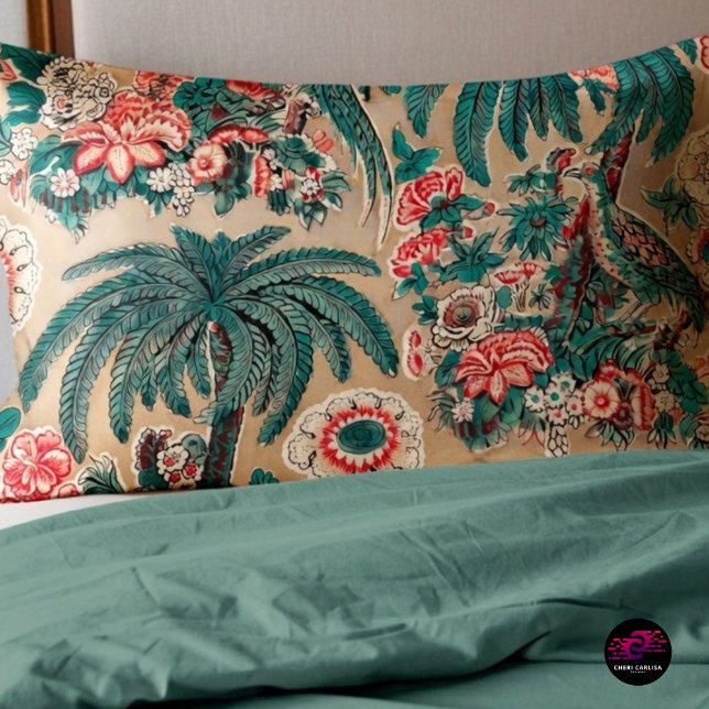 Vintage Chintz - Padrão Tropical Floral (Cozy 1936 tropical chintz pillowcase with lush florals and birds)
