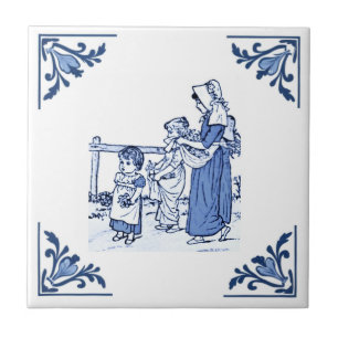 Vintage Coletando Flores Delft Azul e Branco