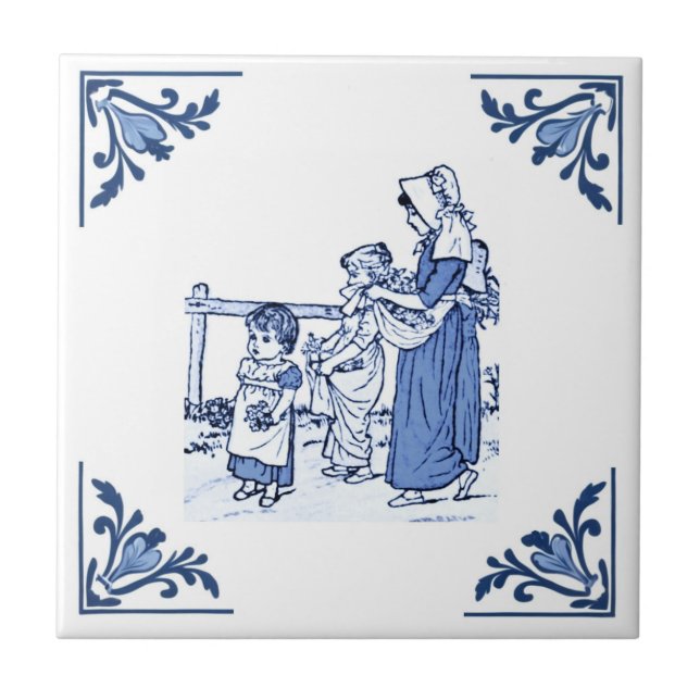 Vintage Coletando Flores Delft Azul e Branco (Frente)