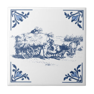 Vintage Country Carregando Hay Delft Azul e Branco