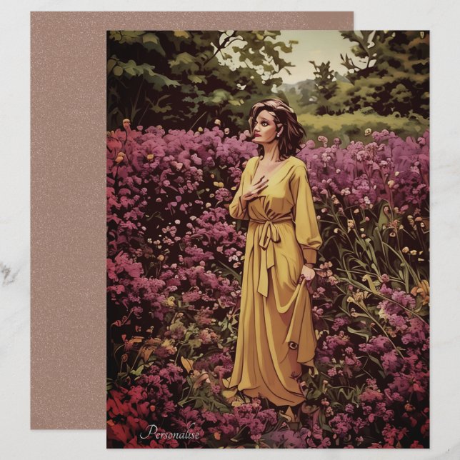 Vintage Country Garden Lady Floral Scrapbook Paper (Frente/Verso)