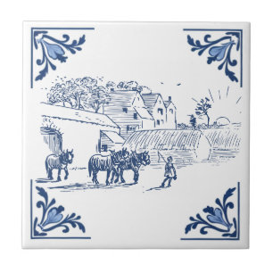 Vintage Country Horse Yard Fazenda Delft Azul e Br