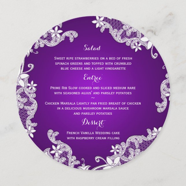 Vintage Country White Lace & Purple Round Menu (Frente)