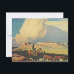 Vintage Cowboys, Open Range de Maynard Dixon<br><div class="desc">Open Range (1942), de Maynard Dixon, é uma pintura típica da paisagem das belas artes nos Estados Unidos. Um fazendeiro de vaqueiro cavalgando seu cavalo nas planícies do sudoeste. Ele está pastoreando suas vacas, touros e gado na pradaria. Grandes nuvens brancas enchem o céu sobre os campos de fazenda abertos...</div>