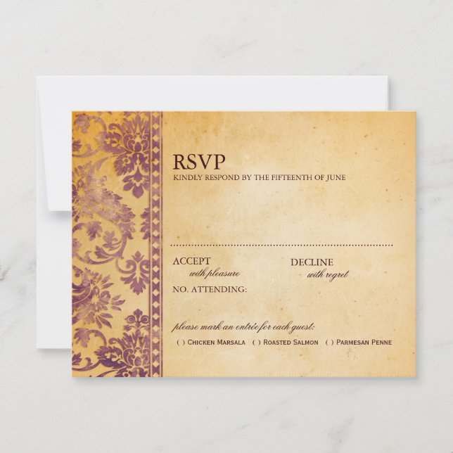 Vintage Cream e Casamento tema damasco Lilac RSVP (Frente)
