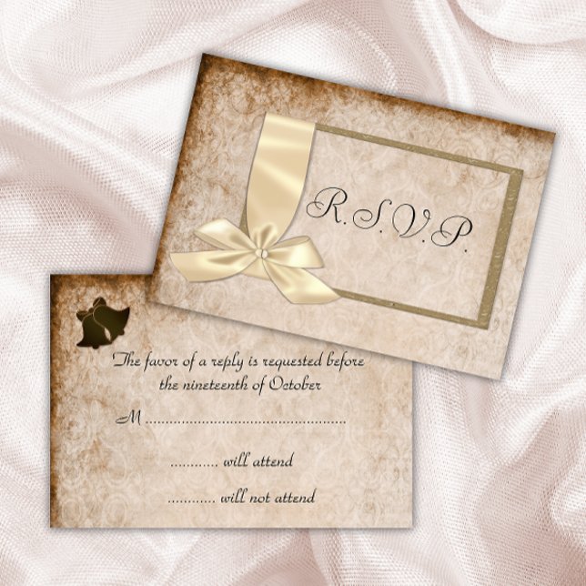 Vintage Cream Ribbon e Brown Wedding RSVP (Criador carregado)