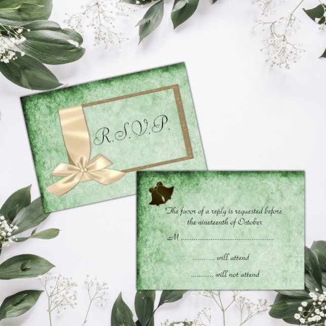 Vintage Cream Ribbon e RSVP de Casamento Verde (Criador carregado)