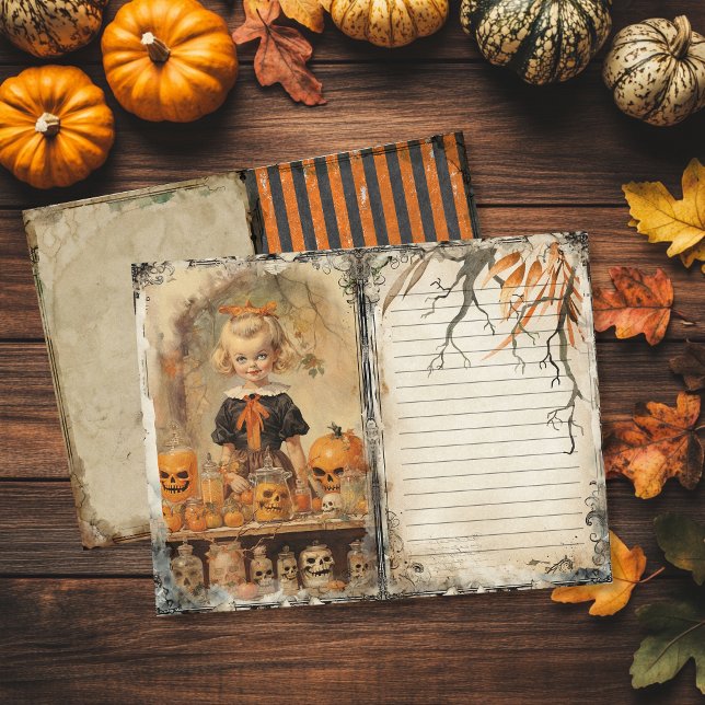 Vintage Creepy Girl Halloween Lixo (Vintage Halloween Junk Journal Page featuring a creepy girl and skulls)