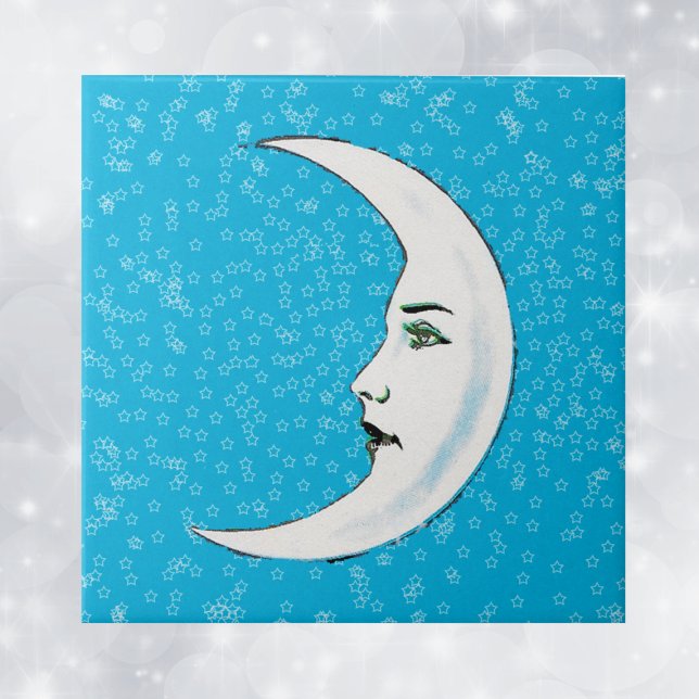 Vintage Crescent White Moon Face White Stars (White crescent face with Gothic aface black lips white stars on aqua blue decorative tile.)