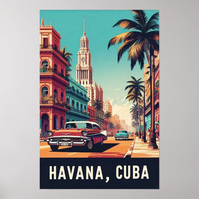 Vintage Cuba Poster de viagens com carros clássico (Frente)