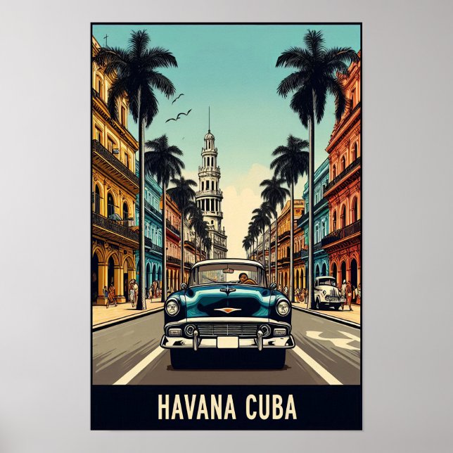 Vintage Cuba Poster de viagens com carros clássico (Frente)