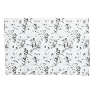 Vintage Cupid Angels Floral Black White Toile