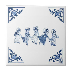 Vintage Cute Line of Girls Delft Blue & White