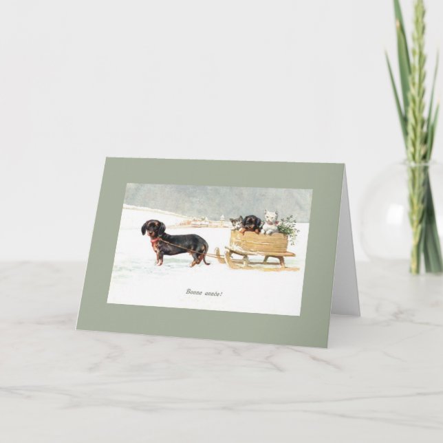 Vintage Dachshund e Kittens Cartão francês de Ano  (Frente)