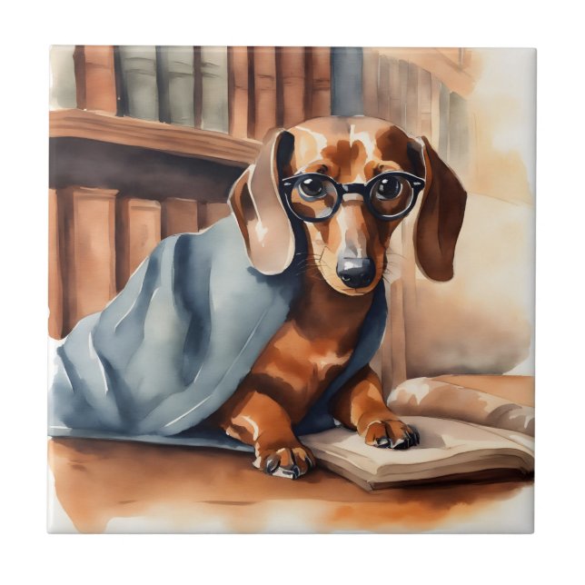 Vintage Dachshund na Biblioteca Antiga (Frente)
