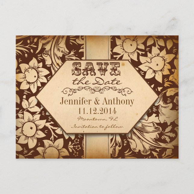 vintage damask Brown salvar data cartões de posto (Frente)