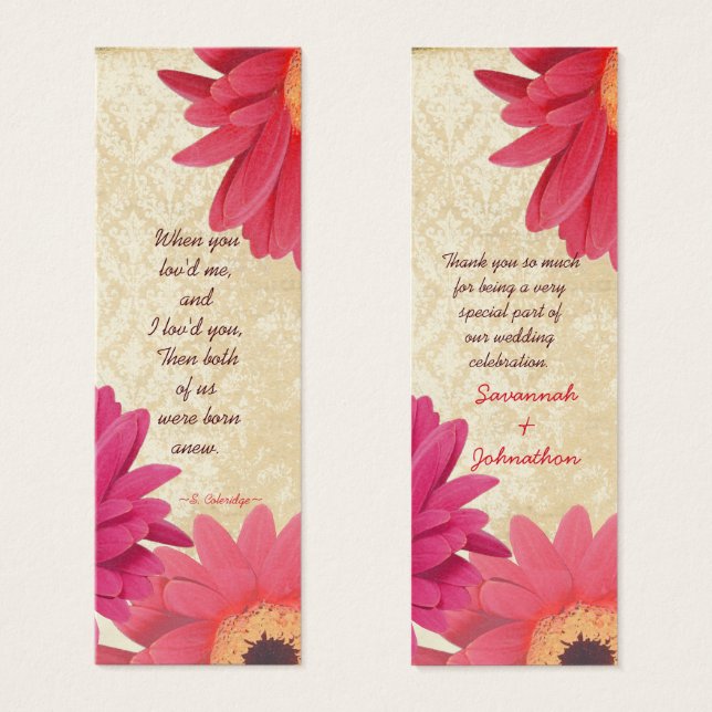 Vintage Damask Gerber Daisy Wedding Tags (Frente & Verso)
