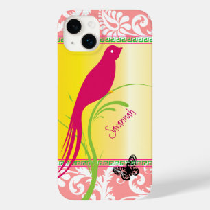 Vintage Damask Pink Swallow Bird Butterfly