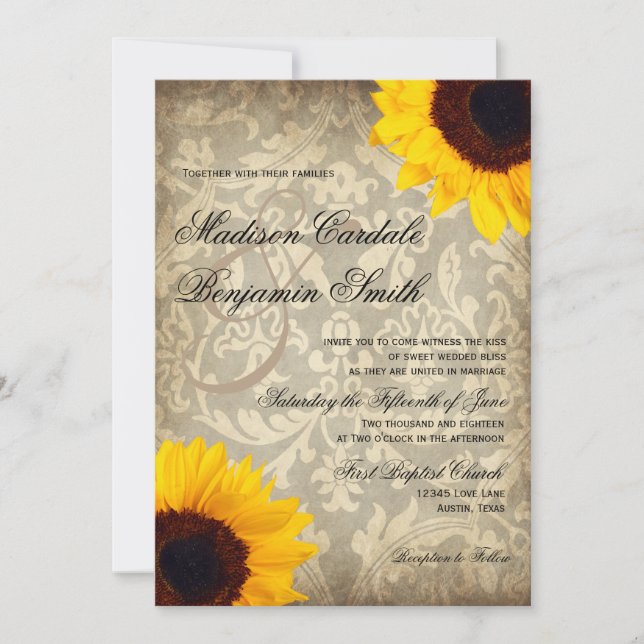 Vintage Damask Rustic Sunflower Weditation Convite (Frente)