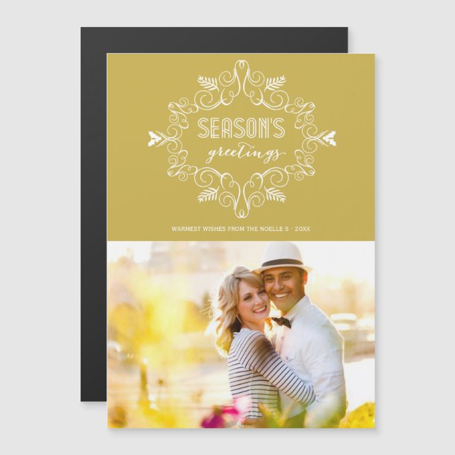 Vintage Deco Foliage Foto de saudações Douradas da (Frente/Verso)