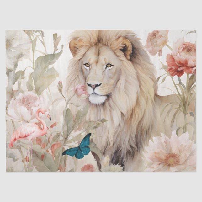 Vintage Decoupage Pastel Floral Lion Papel Tecido (Frente )
