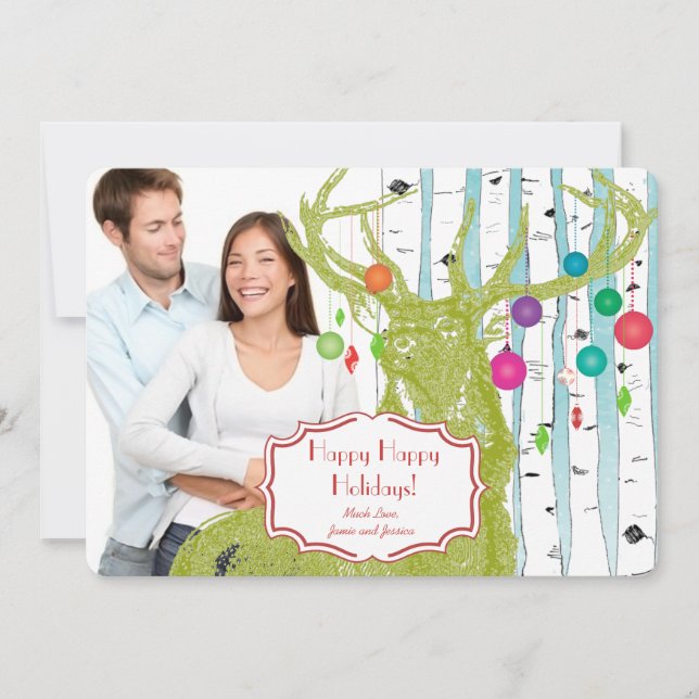 Vintage Deer Birch Tree Cartão de Natal (Frente)