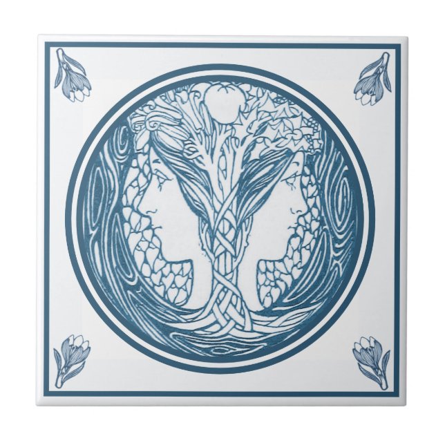 Vintage Delft Blue Art Nouveau Duas Mulheres Rosto (Frente)