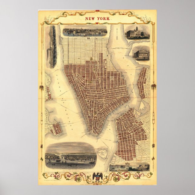 Vintage Detailed New York Map Poster 1851 (Frente)
