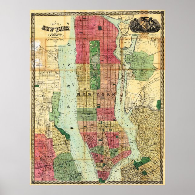 Vintage Detailed New York Map Poster 1863 (Frente)