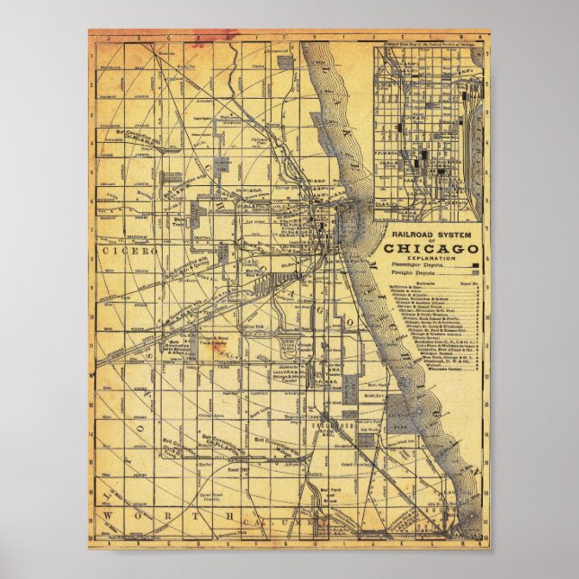 Vintage Detailed Railroad Map of Chicago Poster (Frente)