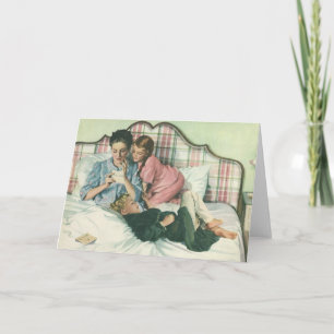 Vintage Dia da Mãe, Crianças Lendo Cartões na Cama