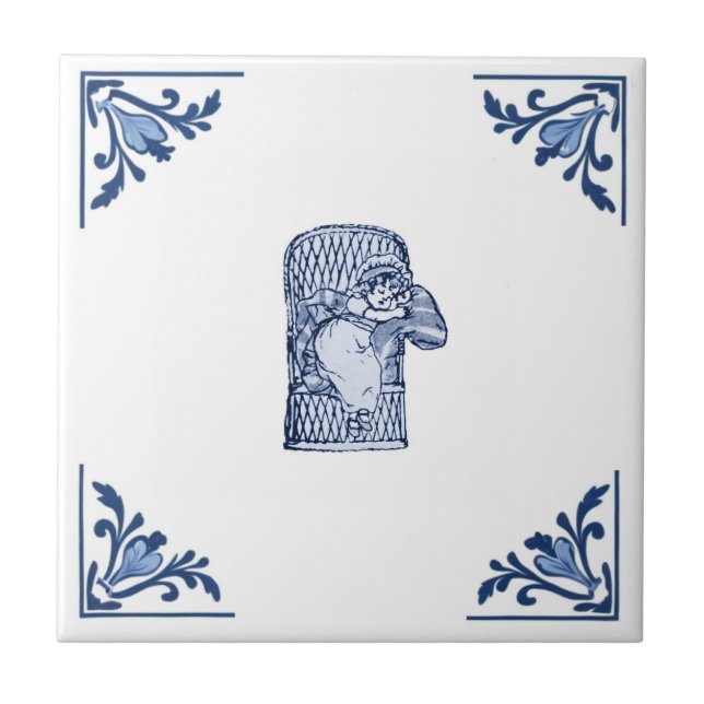 Vintage Dormindo Menina Delft Azul e Branco (Frente)