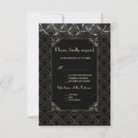 Vintage Dourada Art Deco Fleur-de-lis Wedding RSVP