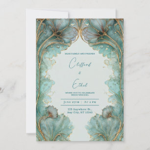 Vintage Dourado e Aqua Art Nouveau Convite para Ca