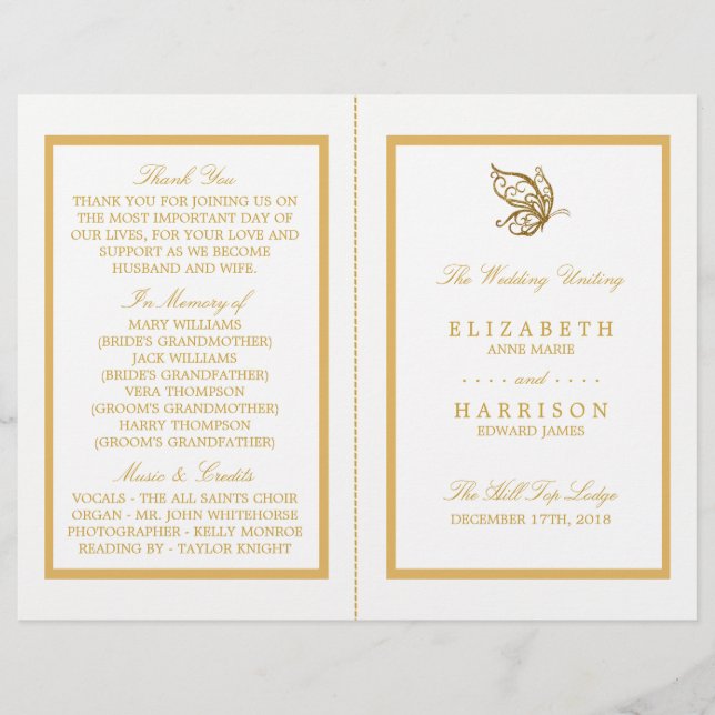 Vintage Dourado Glitter Butterfly Weding Program (Frente)