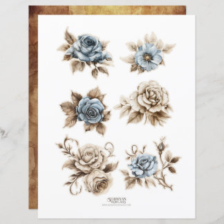 Vintage Dusty Blue Floral Ephemera Fussy Cortes