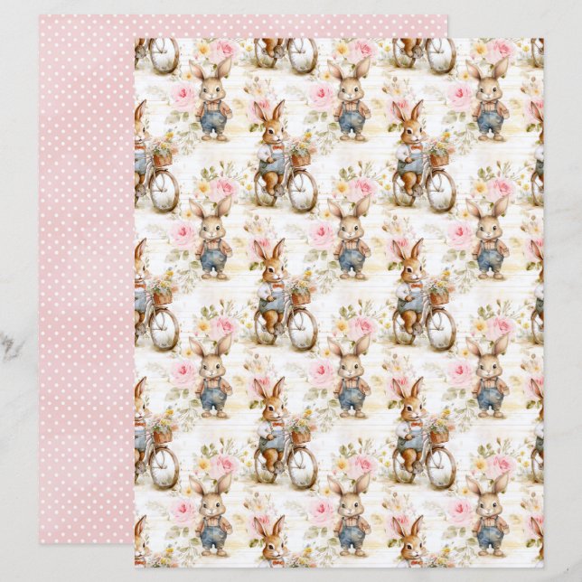 Vintage Easter Bunny Scrapbook Paper (Frente/Verso)