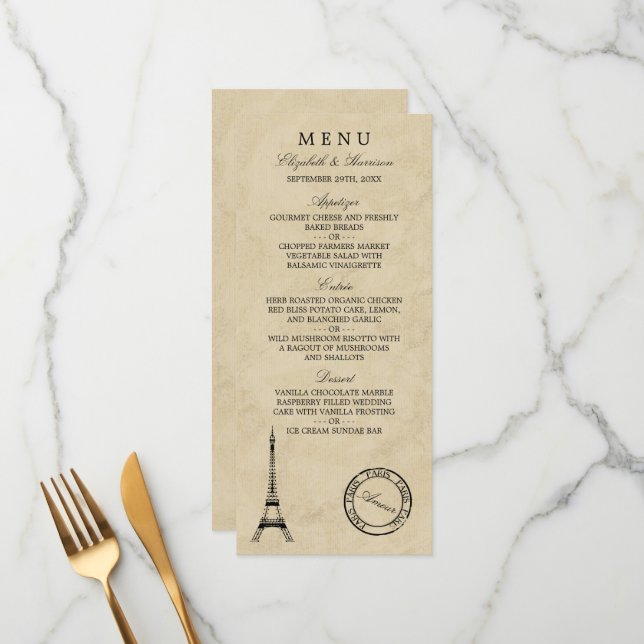 Vintage Eiffel Tower Paris Postmark Menu Wedding (Frente/Verso In Situ)
