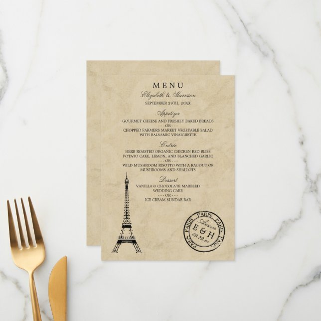 Vintage Eiffel Tower Paris Postmark Menu Wedding (Frente/Verso In Situ)