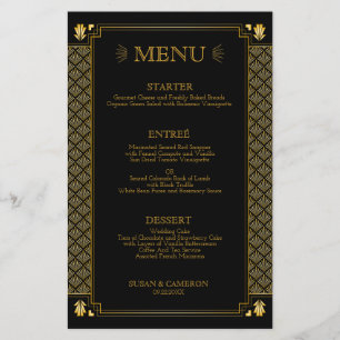 Vintage Elegant Art Deco Black Dourado Weding Menu